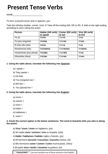 Spanish Present Tense Revision - KS3