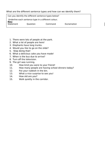 Sentence types worksheet