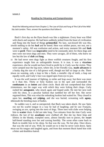 The Call of the Wild by Jack London 4 lessons plus quiz