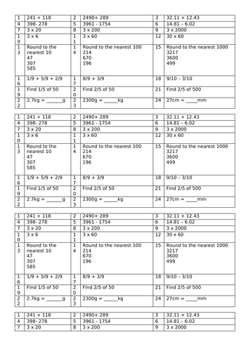 Arithmetic maths starters +answers - 3 weeks - Y4