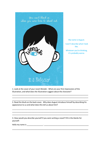 wonder worksheet on cover and first chapter teaching resources