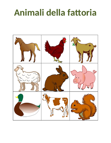 Animali della fattoria (Farm Animals in Italian) Bingo