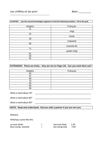 Prices and numbers worksheet with answers