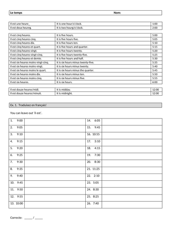 Time worksheet (great starter activity -12 hour clock)