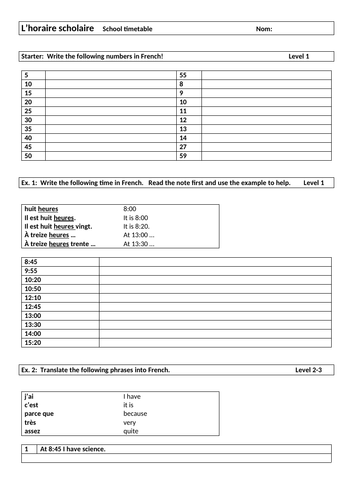 French -the 24 hour clock and school subjects/timetable