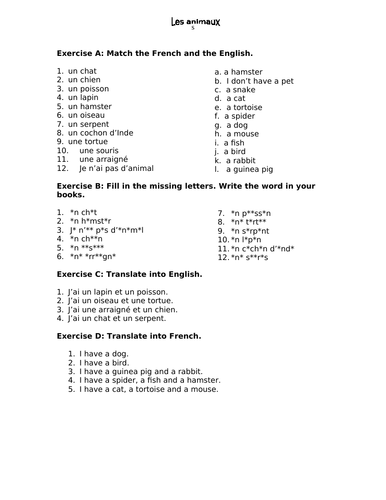 French Pets (worksheet and wordsearch)