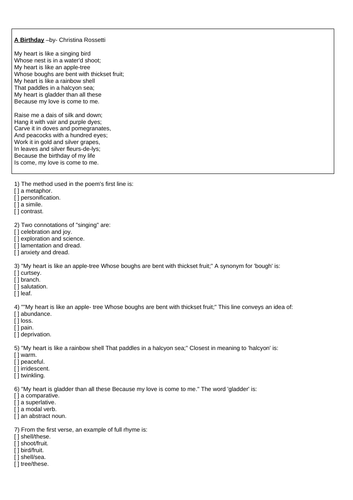 A Birthday Christina Rossetti Hw Multiple Choice Quiz Pre Reading Teaching Resources