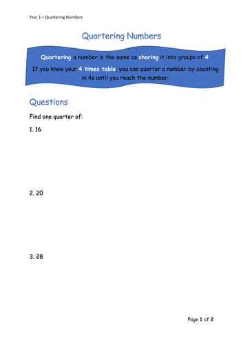 Y1 Maths - Quartering Numbers (Free)