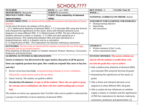 LESSON PLAN ON ECONOMICS : PRICE ELASTICITY OD DEMAND