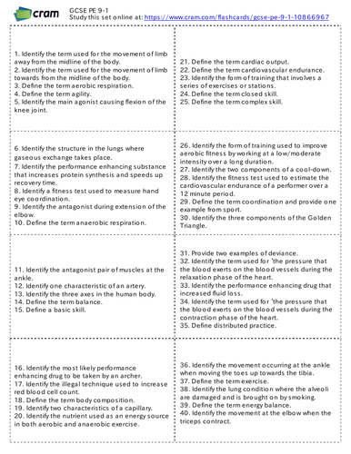 Edexcel GCSE PE (9-1) Revision Cards