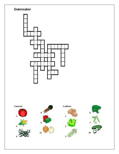 Grønnsaker (Vegetables in Norwegian) Crossword