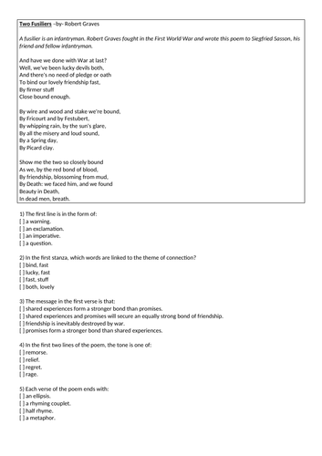 War Poetry "Two Fusiliers" Robert Graves HW Multi Choice Quiz Flipped Pre Reading Guided Reading