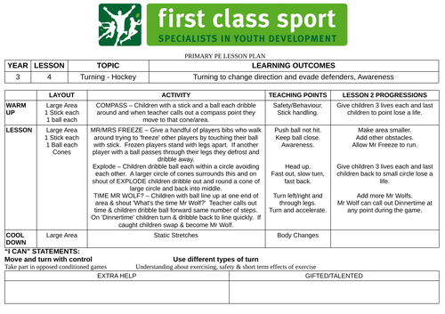 KS2 PE Plans - Year 3 - Hockey x 4 Plans (Dribbling, Passing, Stopping, Turning)