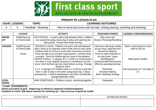 KS2 PE Plans - Year 4 - Handball x 3 Plans (Passing, Travelling, Shooting)