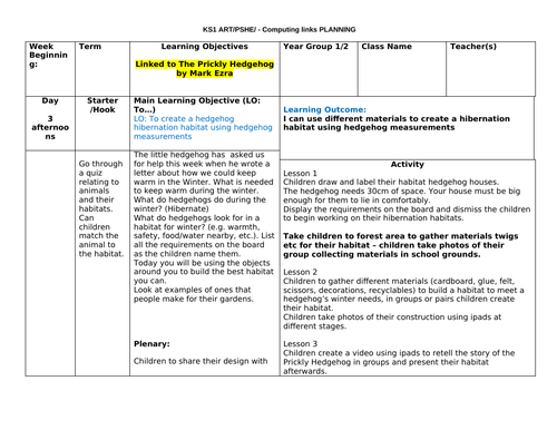 Science Art & Computing plan on habitats year 1 (linked to Prickly Hedgehog Book)