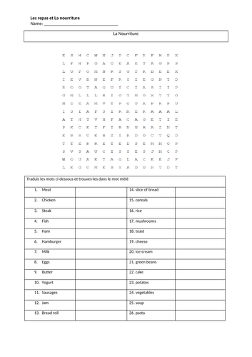 Food and drink - wordsearch and translations (good for cover too)
