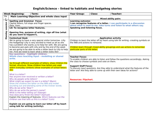 KS1 English plan - letter writing pen pal (linked to sci habitats with a hedgehog visit)