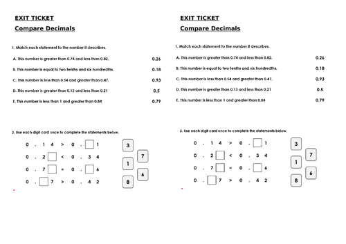 Year 4 Maths Exit Tickets  - Decimals 2