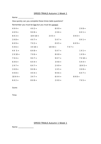 Fun Times-table Speed Trial (x6, 7 weeks, Autumn 1)