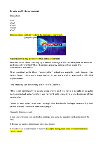 News report worksheet | Teaching Resources