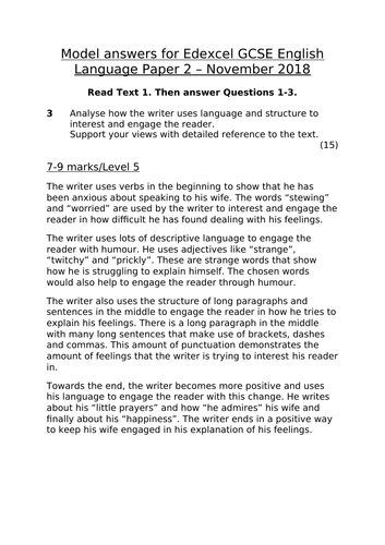 Levels 5 7 And 9 Model Answers Edexcel Gcse English Language Paper 2 November 2018 Teaching Resources