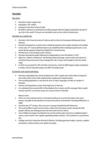 Mumbai Case Study for Urban Environments topic A-Level Geography