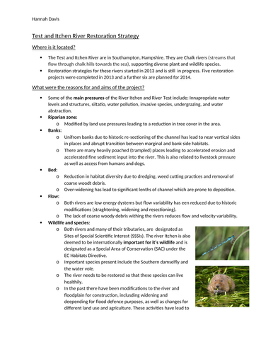 River Restoration case study for urban environments topic in A-level geography- River Test & Itchen
