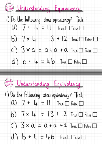 Equality & Equivalence Exit Tickets - Year 7 White Rose Maths