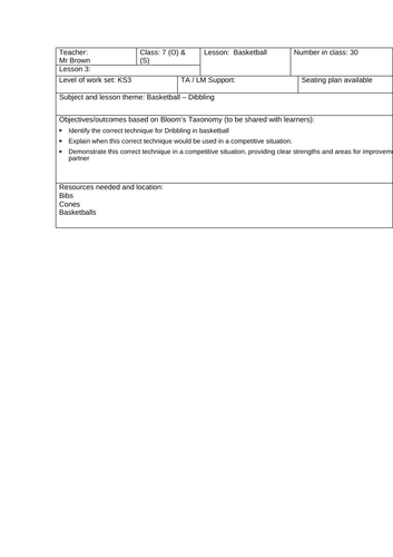 Basketball - Dribbling Lesson Plan