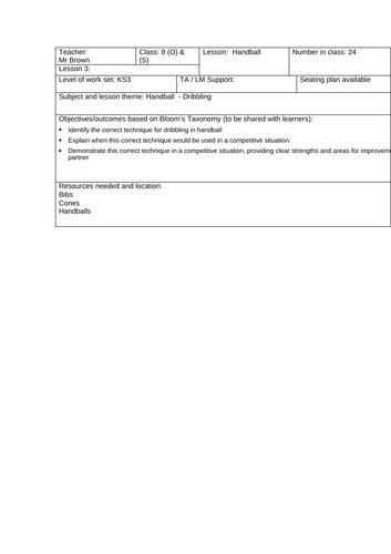 Handball - Dribbling Lesson Plan