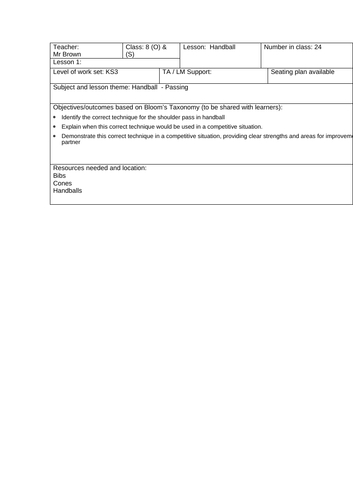 Handball Bounce Pass Lesson Plan Teaching Resources