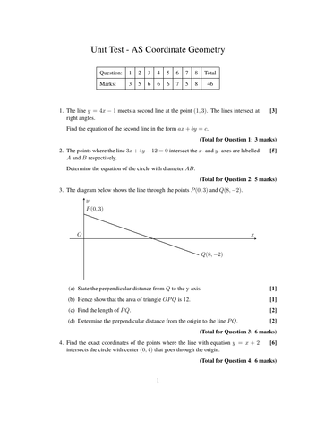 A Level Maths - AS Coordinate Geometry Unit Test and Mark Scheme