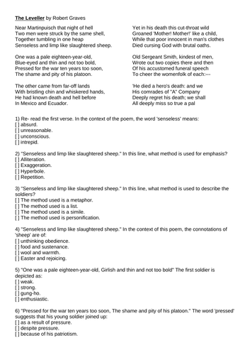 Robert Graves War Poetry "The Leveller" Flipped Learning HW Pre Guided Reading Unseen