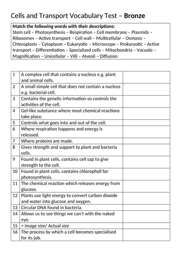 Cells and Transport Vocab Tests AQA Biology