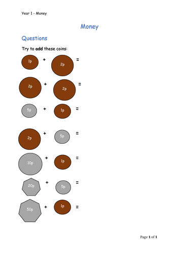 Y1 Maths - Currency (Free)