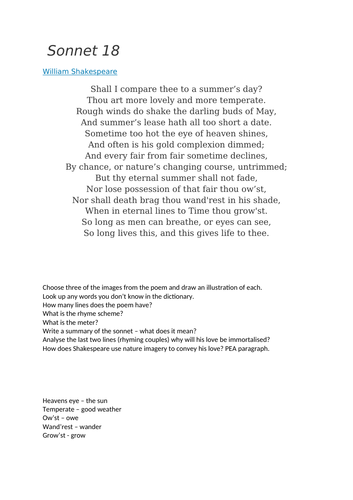 Sonnet 18 poem and questions worksheet | Teaching Resources
