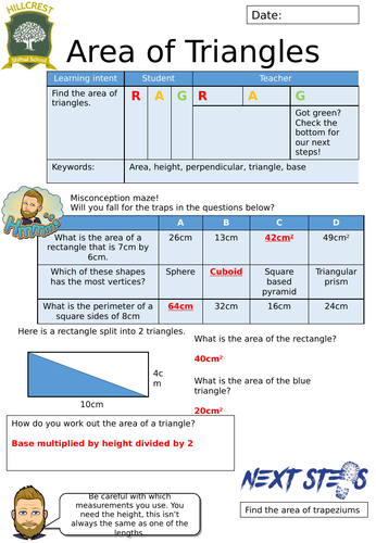 Area of a triangle worksheet