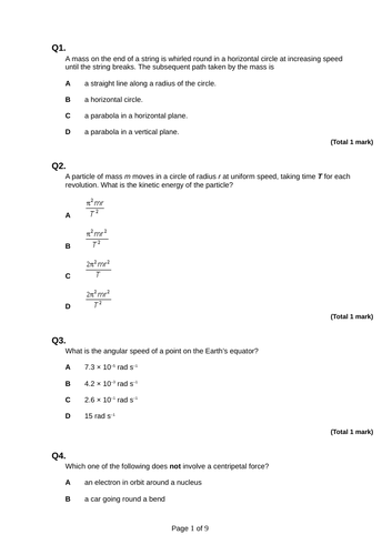 Circular motion mechanics A-Level Physics multiple choice questions (key stage 5)