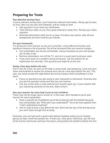 Preparing for Mathematics Tests