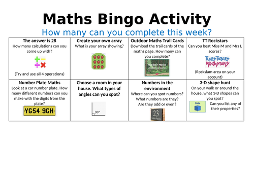 Maths Bingo Activity Sheet | Teaching Resources