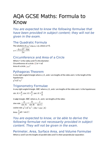 GCSE AQA Formula List