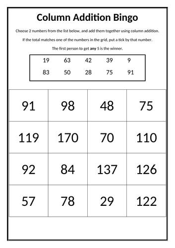 Column Addition Bingo