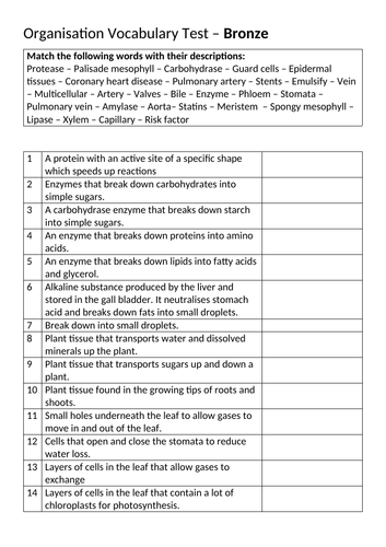 Organisation Vocab Tests AQA Biology