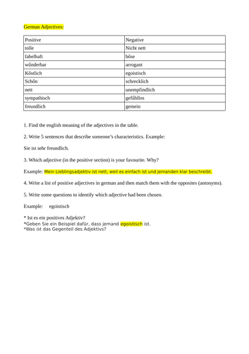 Adjective worksheet -German