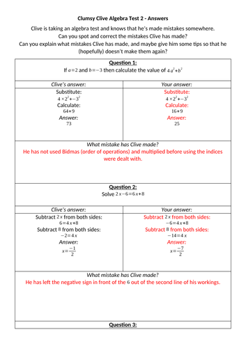 Clumsy Clive's Algebra Tests 1 & 2