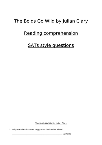 The Bolds Go Wild by Julian Clary Reading comprehension SATs style questions