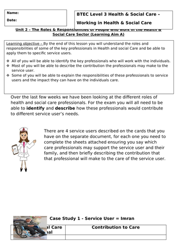 Unit 2 - Working In Health and Social Care - Roles in Health and Social Care Application Task