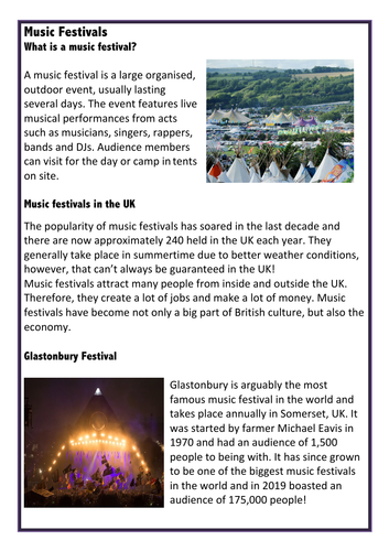 Ks3 Music Festivals worksheet remote learning