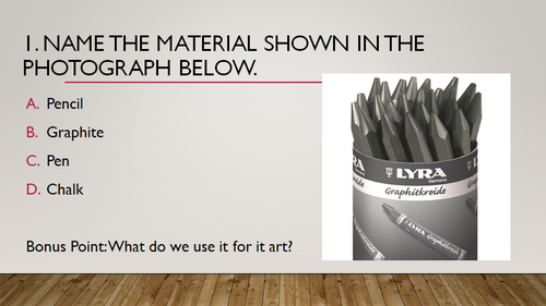 KS3 Art Quiz - general knowledge of materials/techniques/subject matters/colour schemes