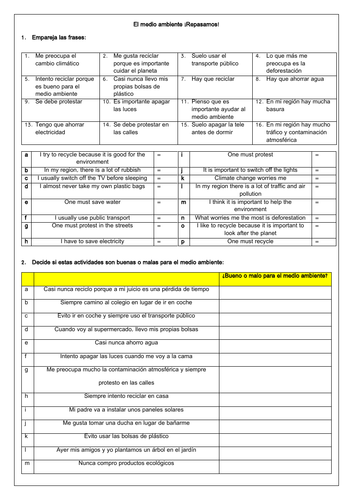 Spanish GCSE el medio ambiente writing revision: environment structures & sentence builders